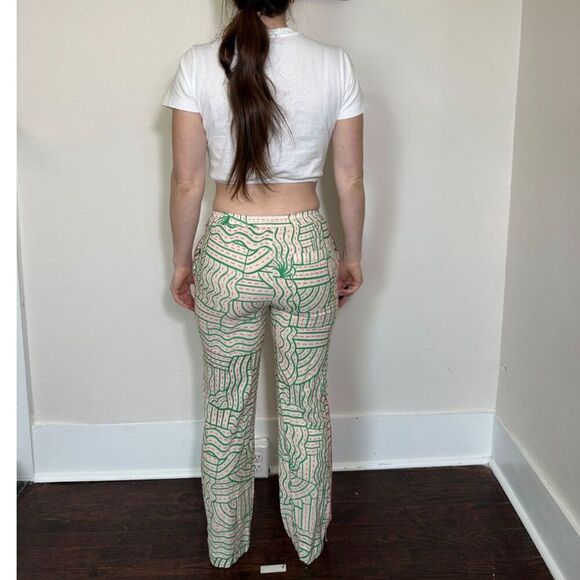Zara Linen Blend Graffiti Print Pant Cream Green Pink Jogger Pajama Trouser XS - Picture 3 of 8